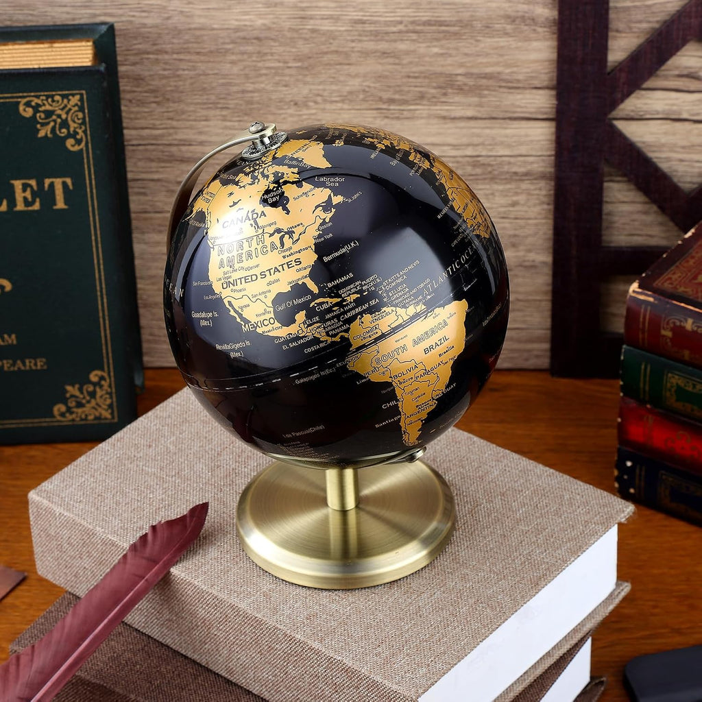 World Globe with Metal Stand - 6 inch Black Gold Small Desk Globe for Adults Home Office Desktop Decor, Luxury Style