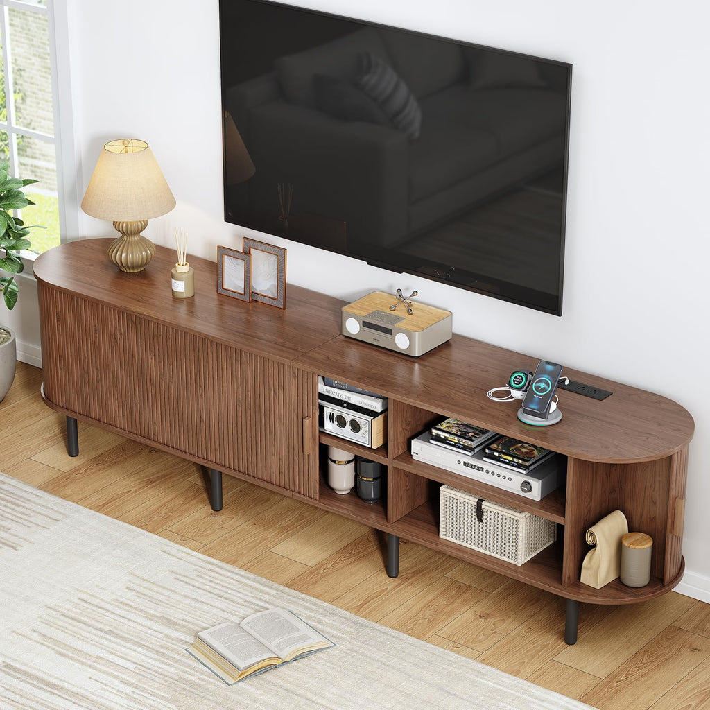 86.6" Mid Century Modern TV Stand with Sliding Doors for 90" TV