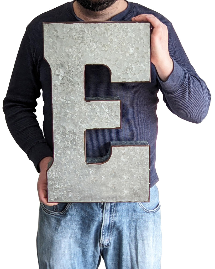20" Metal Letter E Wall Decor, Silver with Rusted Edges, Galvanized Wall Mountable Decoration for Country