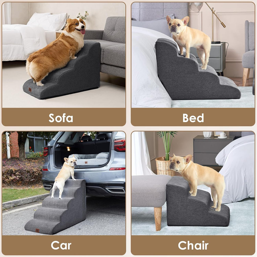 Curved Dog Stairs for High Beds 22.6" H, 5-Step Dog Steps, Grey