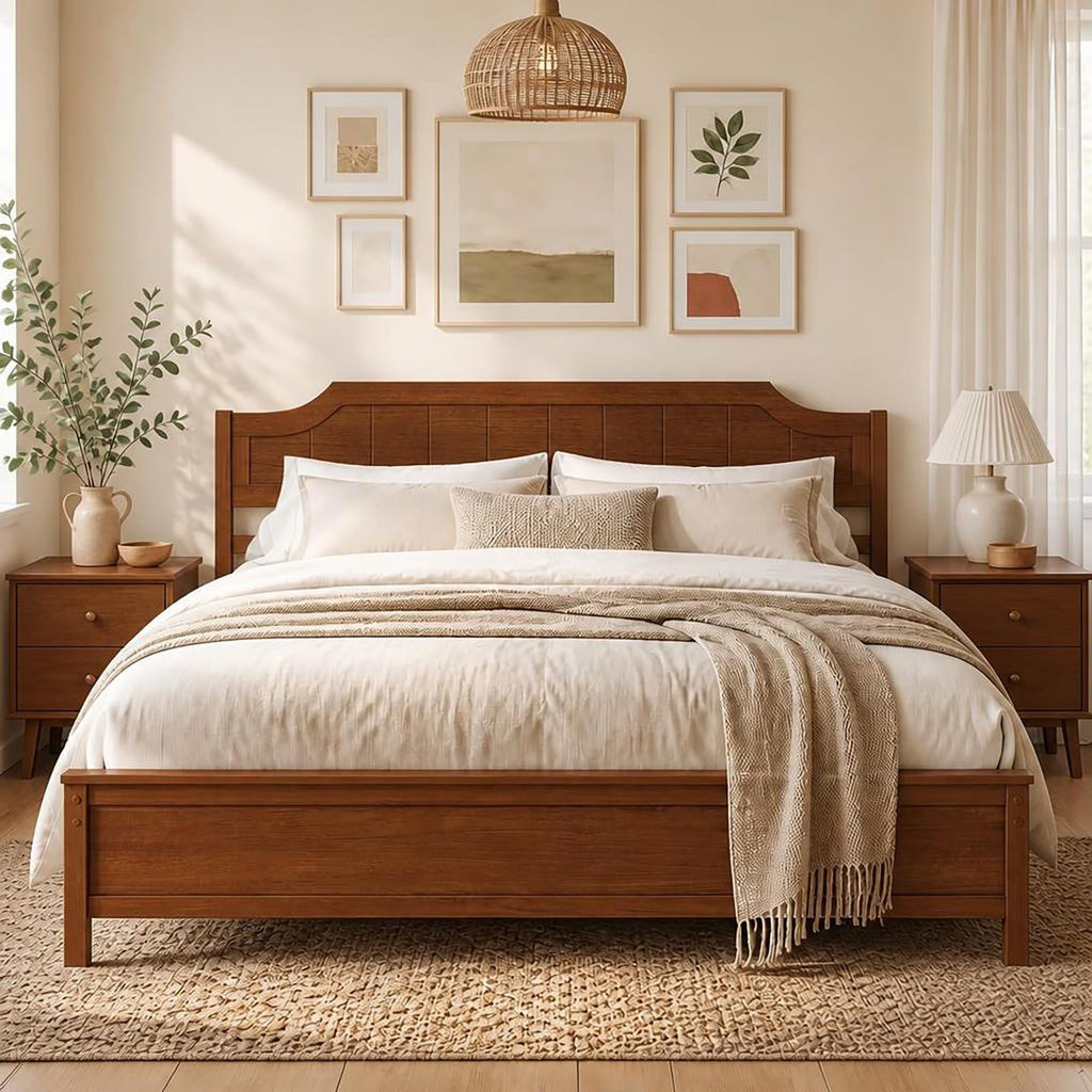King Size Bed Frame with Headboard, Wood Platform Bed (Walnut)