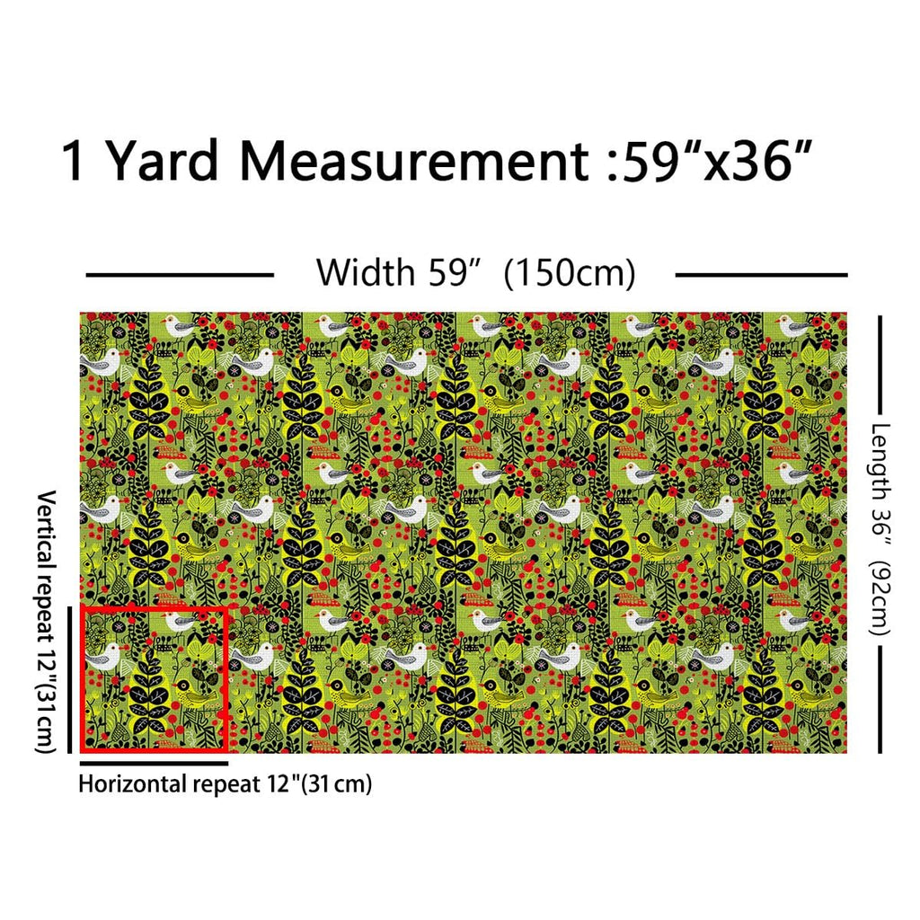 Nature Scenery Graffiti Fabric for Decoration, Botanical Leaves Plants Outdoor Fabric by The Yard, Flying Birds Green