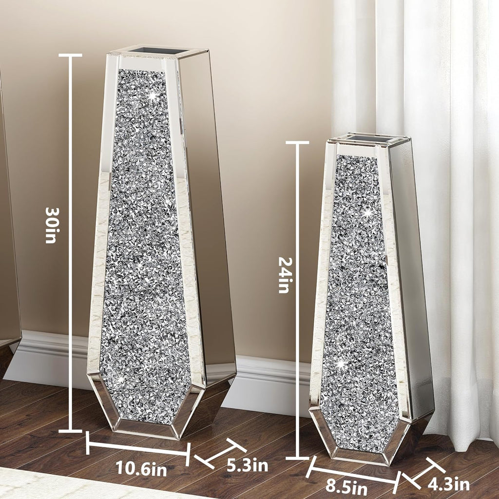 30" Floor Vase Crushed Diamond Mirrored Vase Silver Tall Vases for Floor, Large Crystal Glass Decorative Floor Vases