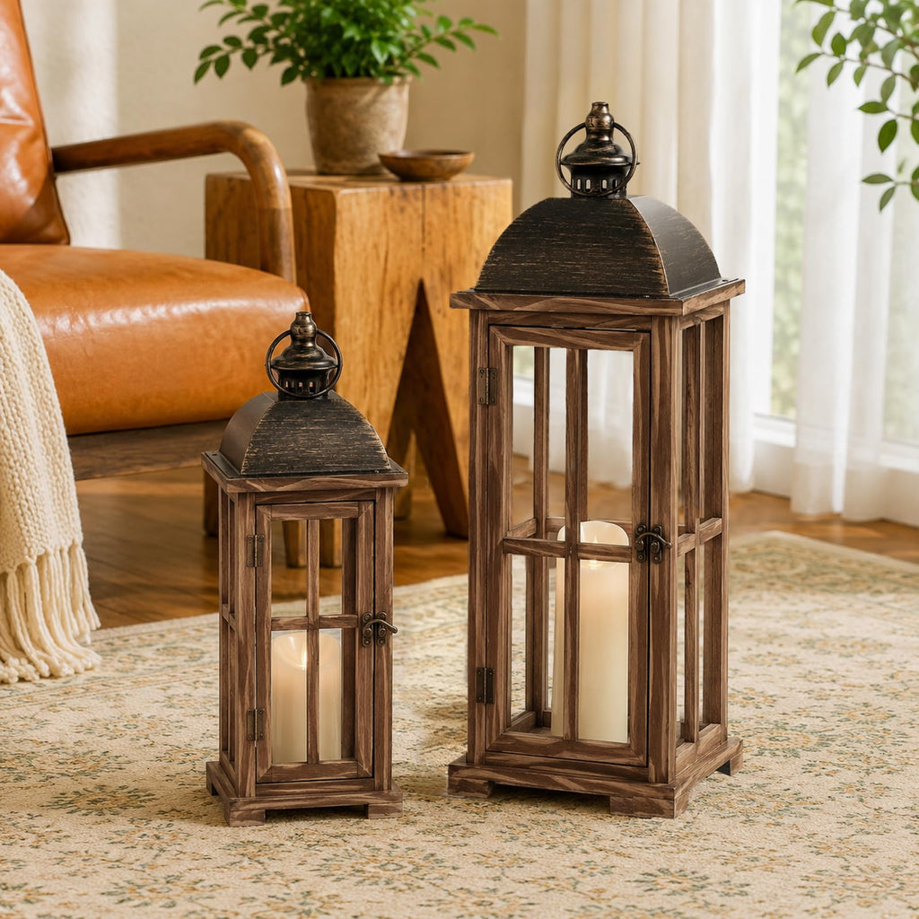 Large Decorative Lanterns, 2 Pack Farmhouse Wood Lanterns Indoor Outdoor