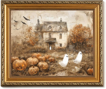 Retro Detachable Gold Framed Wall Art Decor Halloween Pumpkins with Cute Ghost Farmhouse Gold Framed Wall Decor