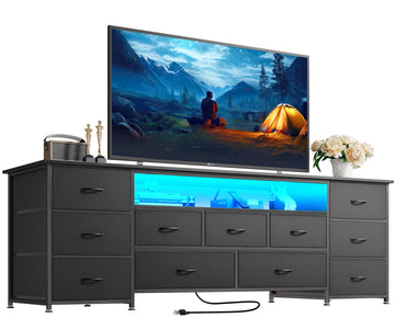63 Inch TV Stand for 65, 70 Inch TV, 11 Drawer Long Dresser with Power Outlets and LED Lights, Entertainment Center