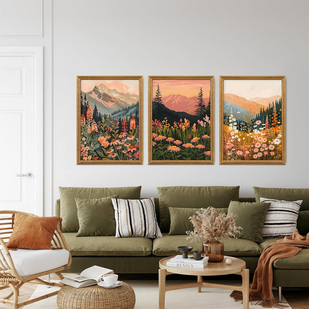 Framed Boho Abstract Landscape Mountain and Floral Canvas Wall Art Set of 3, Colorful Nature Botanical Paintings