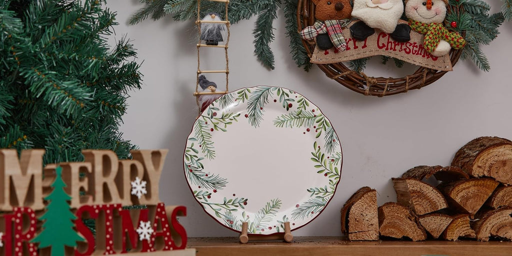 Santa On The Way Wreath Scalloped Dinner Plates Set of 4, 11 Inch Large Ceramic Plates for Pasta, Steak, Stylish