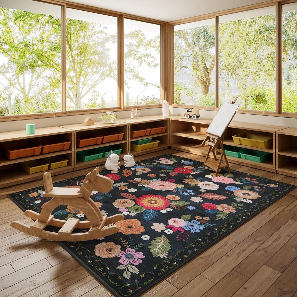 8x10 Area Rugs for Living Room: Washable Rug Non Slip Low Pile Soft Faux Wool Non Shedding Vintage Floral Large