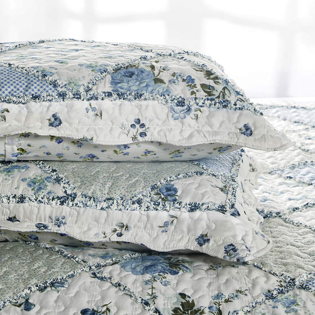 Blue Floral Patchwork Quilt Set, Full Queen, 3 Piece Bedding Set with 2 Pillowcases