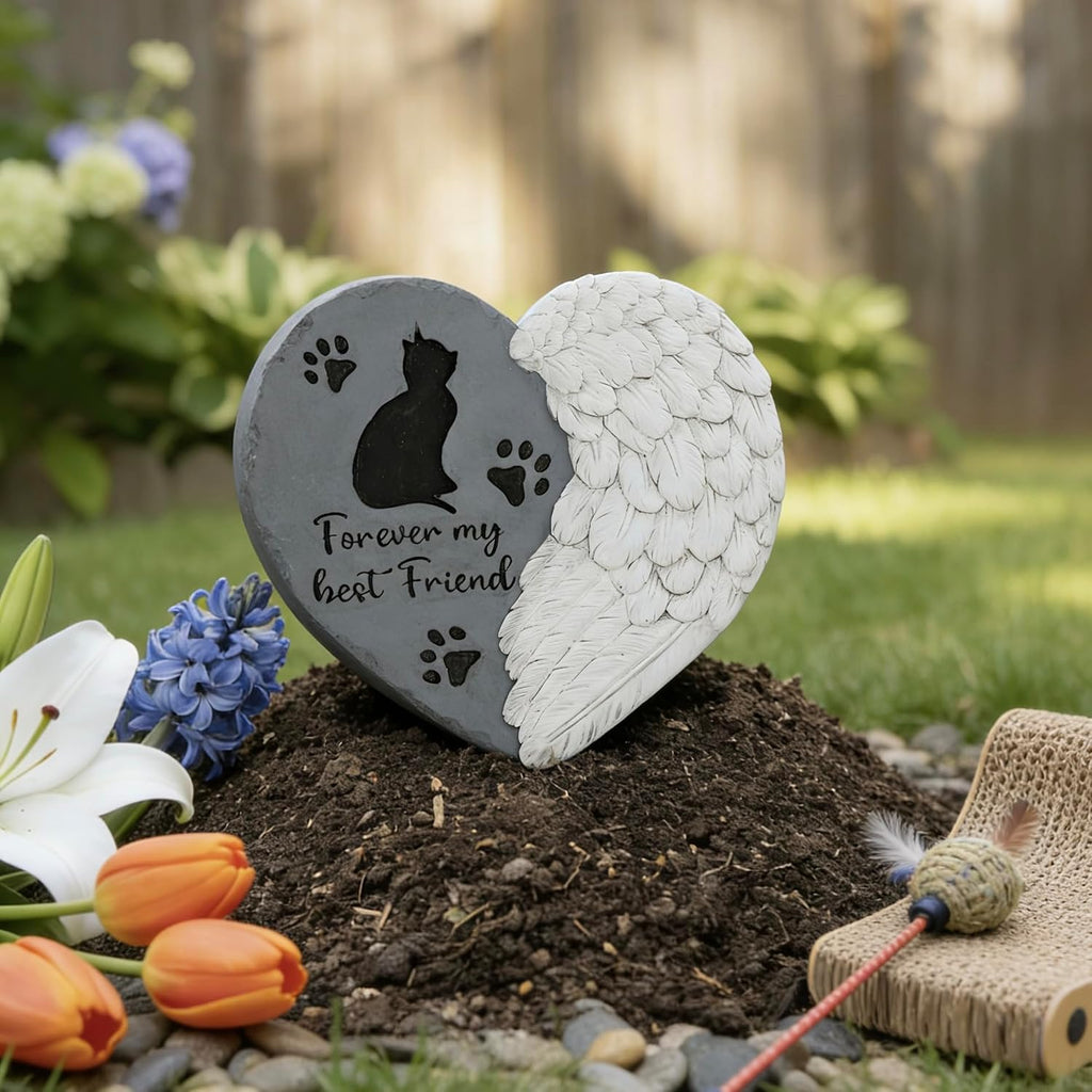 Landoraloria Cat Memorial Stepping Stone 10" Heart with Wings Outdoor Pet Grave Marker Cement Garden Remembrance