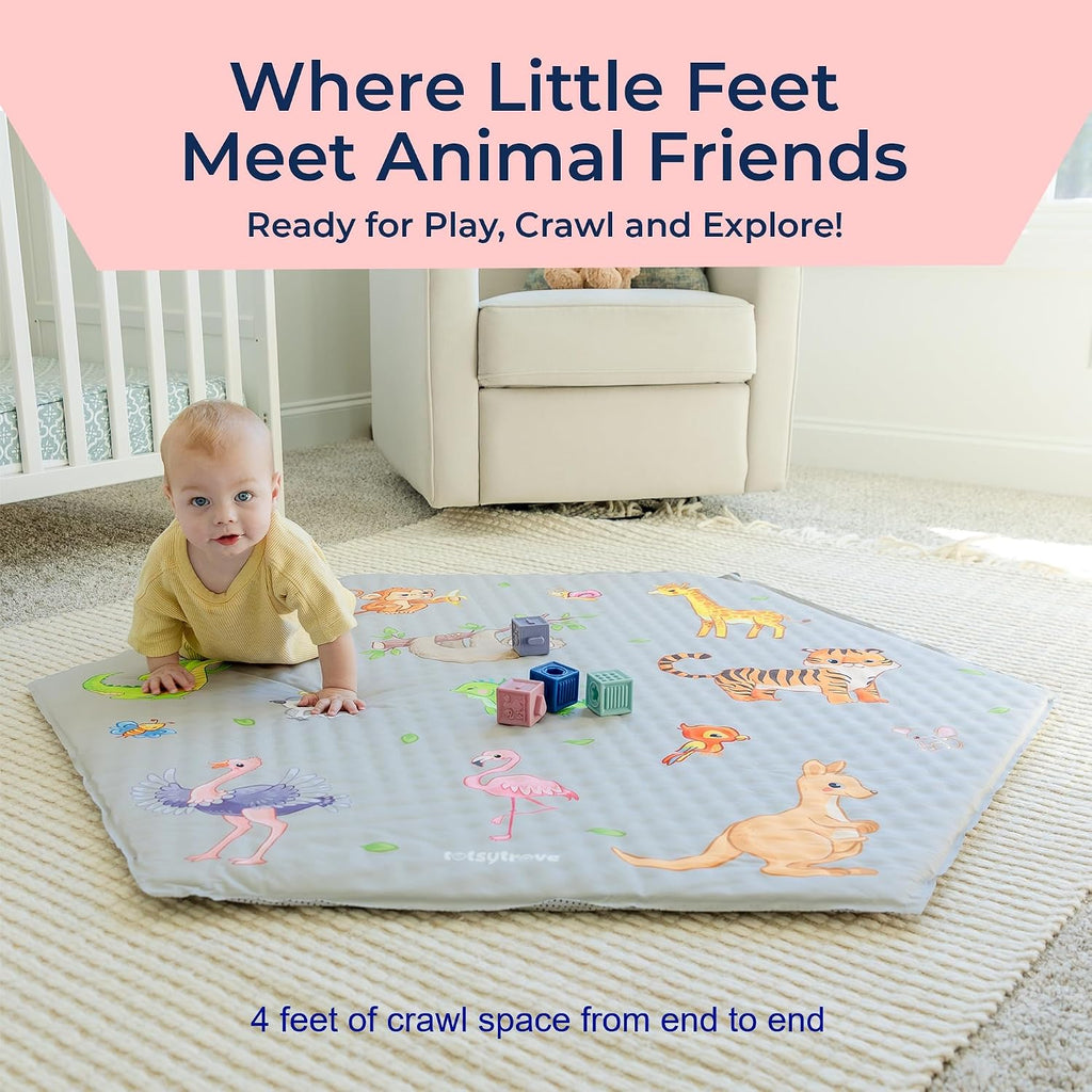 Self Inflating Hexagon Playpen Mat 52" x 45" for Infants and Toddlers - Baby Crawling Mat - Safari