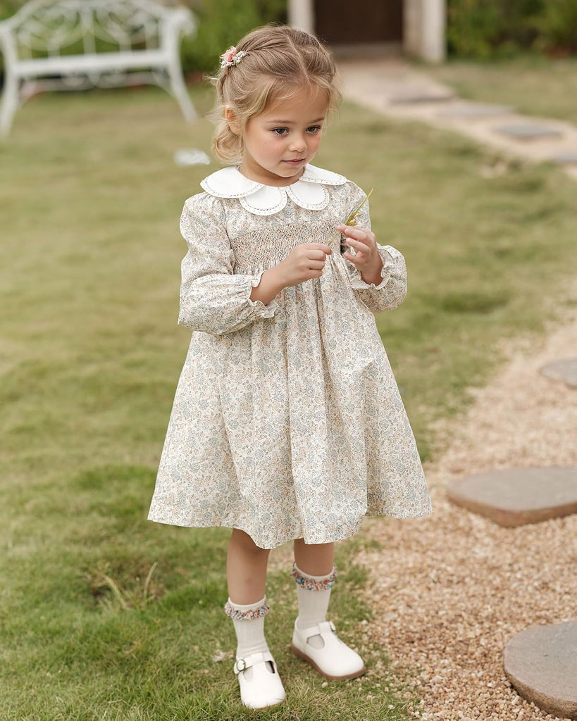 Toddler Baby Girl Smocked Dresses with Flower Collar|Floral Print Long Sleeve Ruffle Dress with Belt