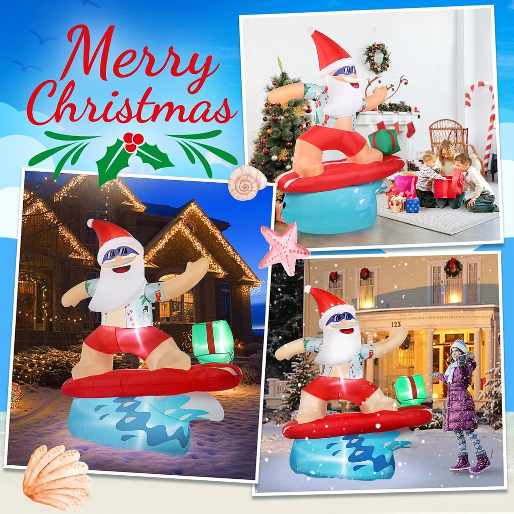 Christmas Santa Inflatable Decorations Outdoor 6.5FT Beach Surfing Hawaiian Tropical Blowups with Build-in LEDs Blow