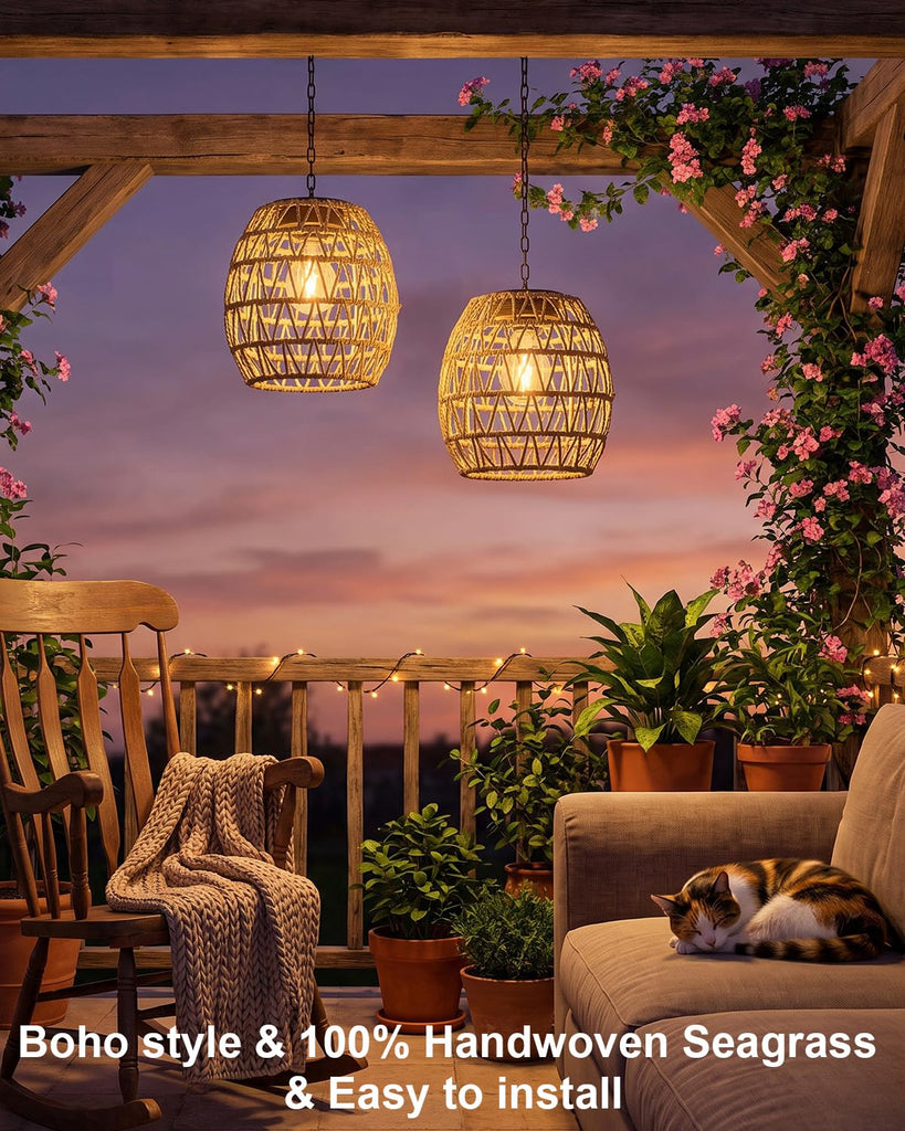 Hanging Solar Lanterns Outdoor Waterproof, Rattan Wicker Hanging Chandelier