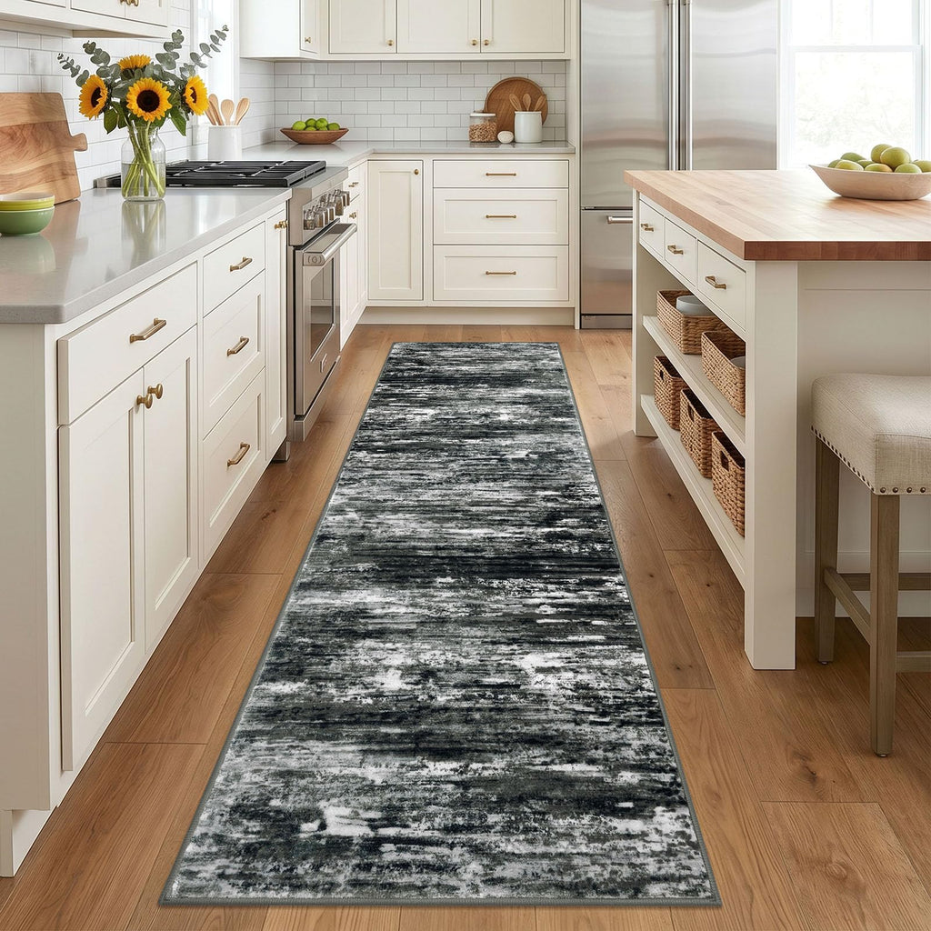 Modern Abstract 2.6x8 Washable Hallway Runner Rug Black White Grey