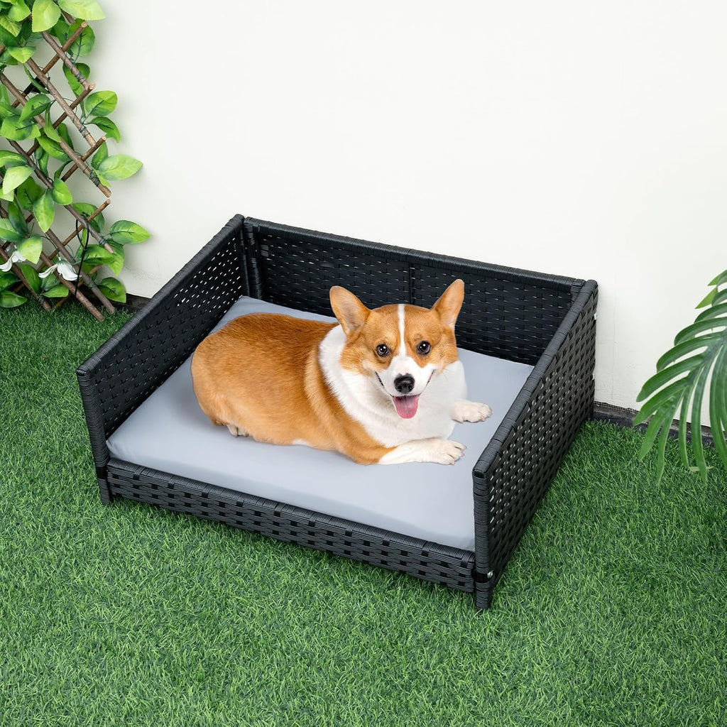 Wicker Dog Bed, Rattan Pet Bed with Metal Frame, Soft Waterproof Removable Cushion, Elevated Indoor Outdoor Dog Couch