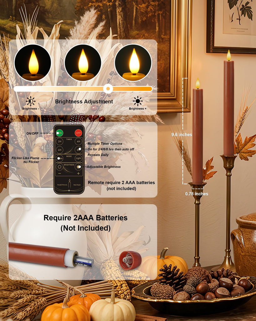 9.6 Inch Real Wax Flameless Taper Candles, Terracotta LED Candlesticks 3 Pcs with 3D Flame Remote and Timer, Battery