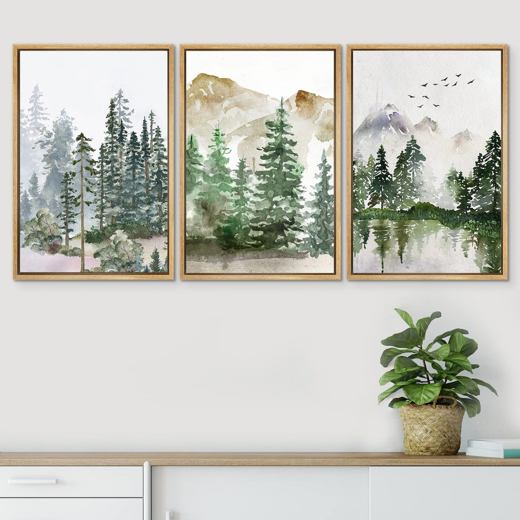 Framed Canvas Print Wall Art Set Pastel Mountain Range Forest Mist Nature Wilderness Illustrations Modern Art