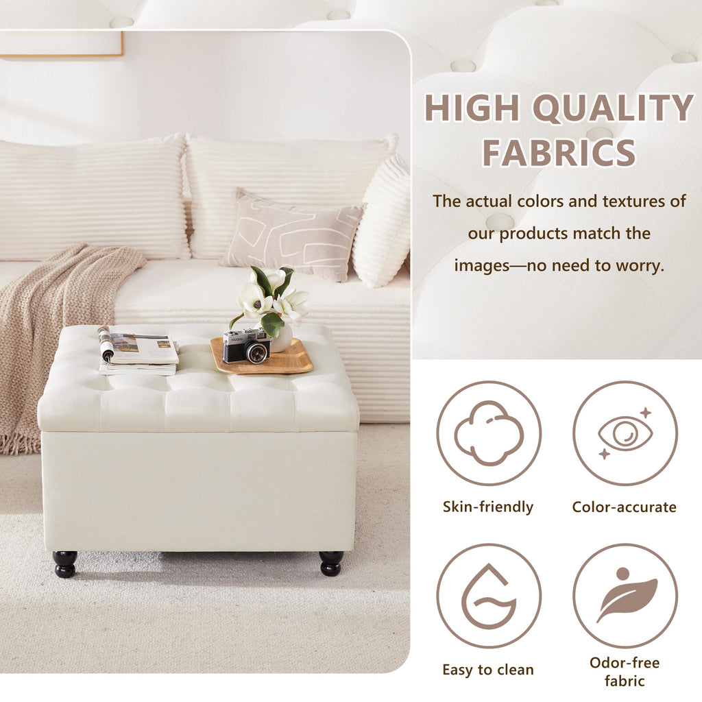 30" Large Square Ottoman with Storage, Fabric Ottoman Coffee Table, Beige