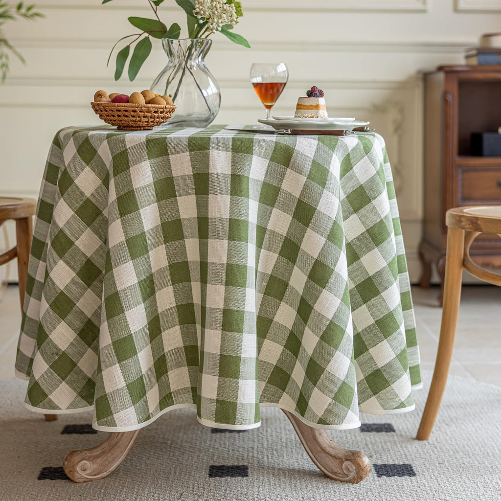 Green Gingham Round Tablecloth 60 Inch, Spring Checkered Circle Table Cloth Washable Wrinkle Free, Cotton Linen