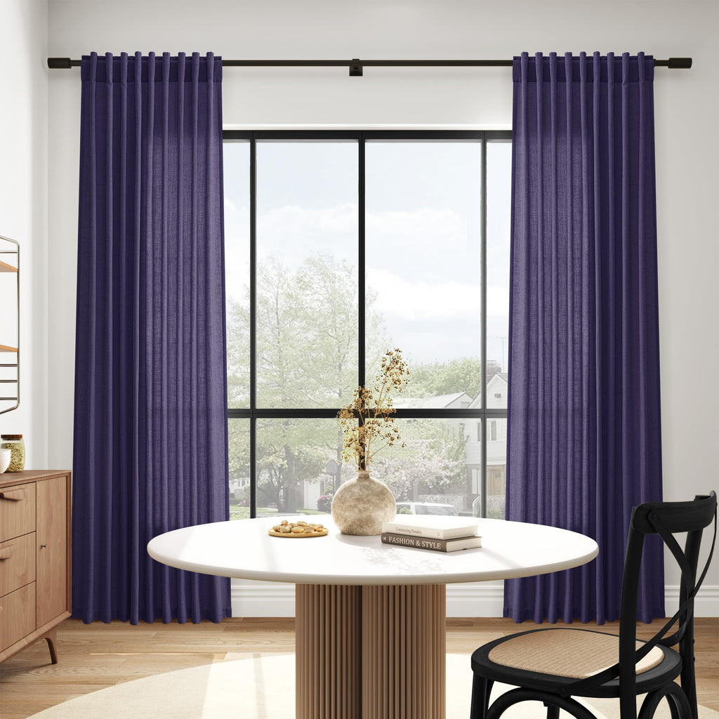 Purple Linen Blend Light Filtering Back Tab Curtains 108 Inches Long, Semi Sheer Privacy Drapes, 52x108 inch, 2