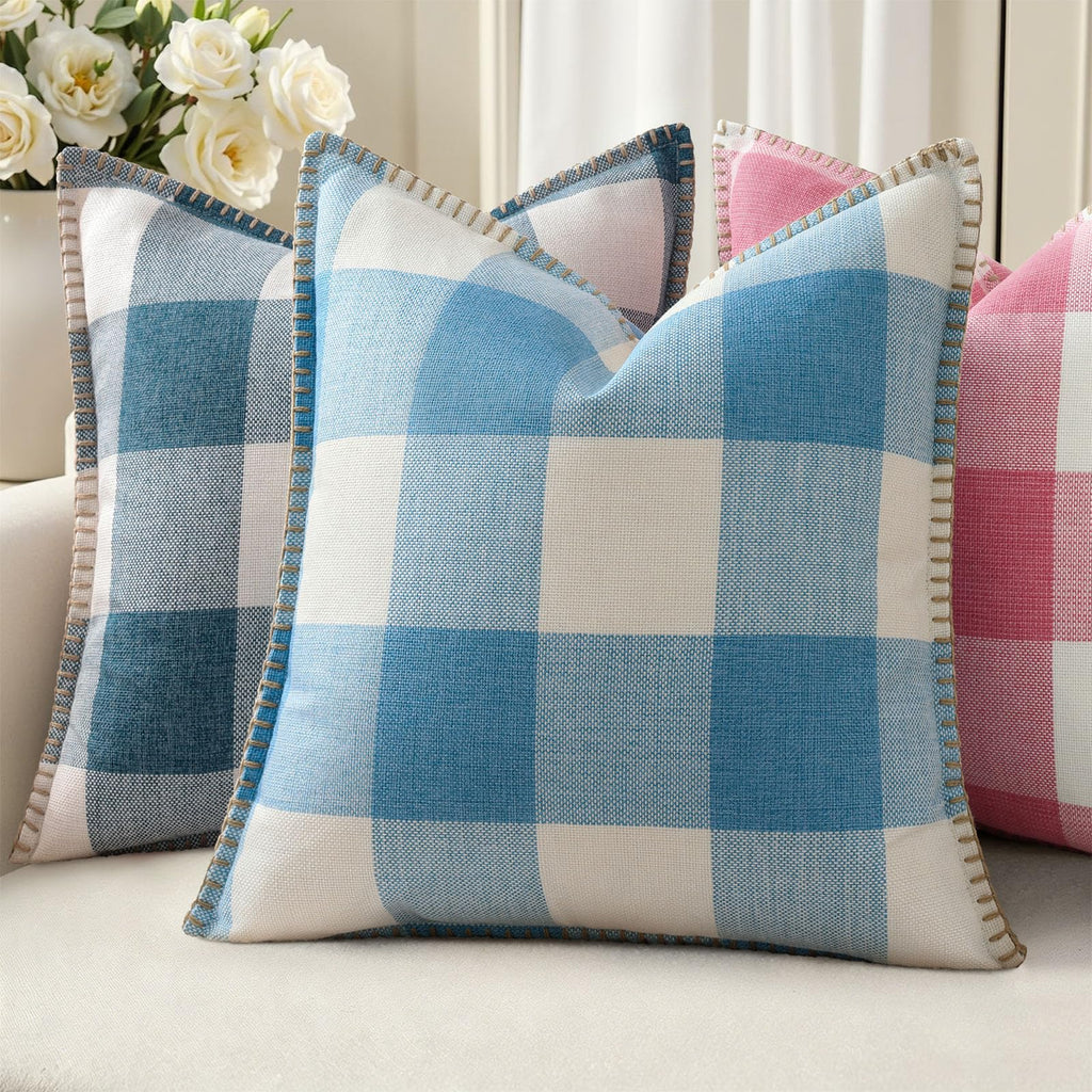 Fall Plaid Linen Throw Pillow Covers 22x22 Set of 2 Sky Blue