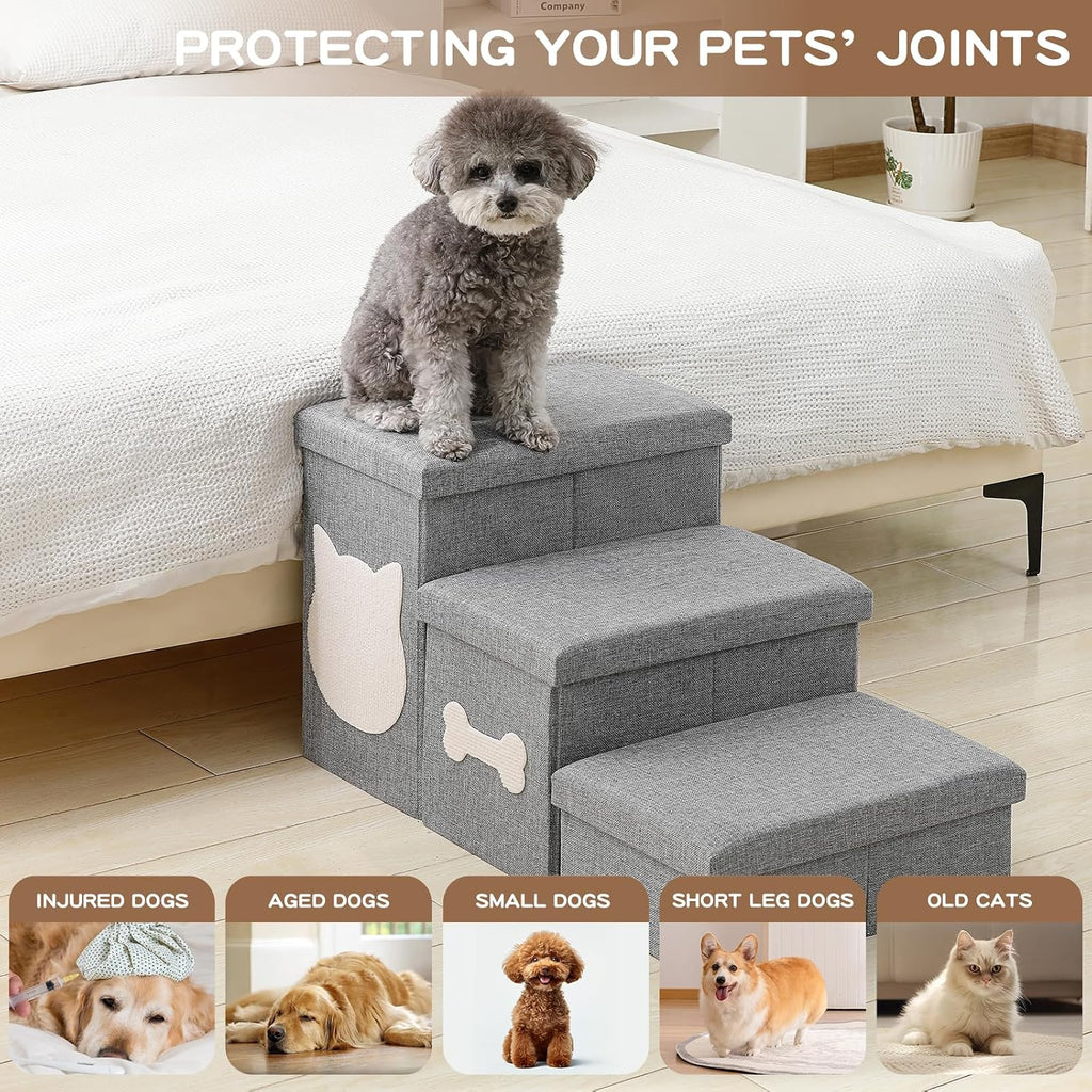 3-Step Dog Stairs for Small Dogs, Folding Dog Steps for Bed, Grey