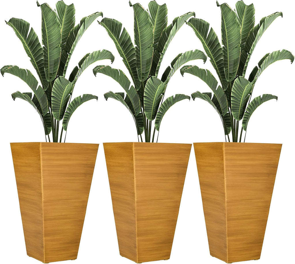 Outdoor Planters,Set of 3 Taper Planters with Drainage Holes and Plug,Faux Wood Flower Pots for