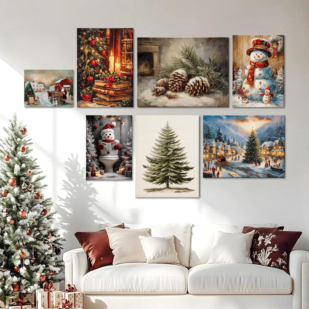 Vintage Christmas Tree Canvas Wall Art, Botanical Pine Tree Print Poster