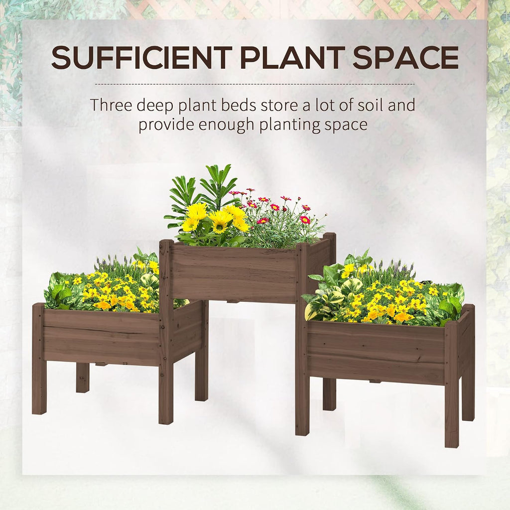 Raised Garden Bed with 3 Planter Box Elevated Plant Stand, Coffee | Wooden, Drainage Holes, for Vegetables Herb and