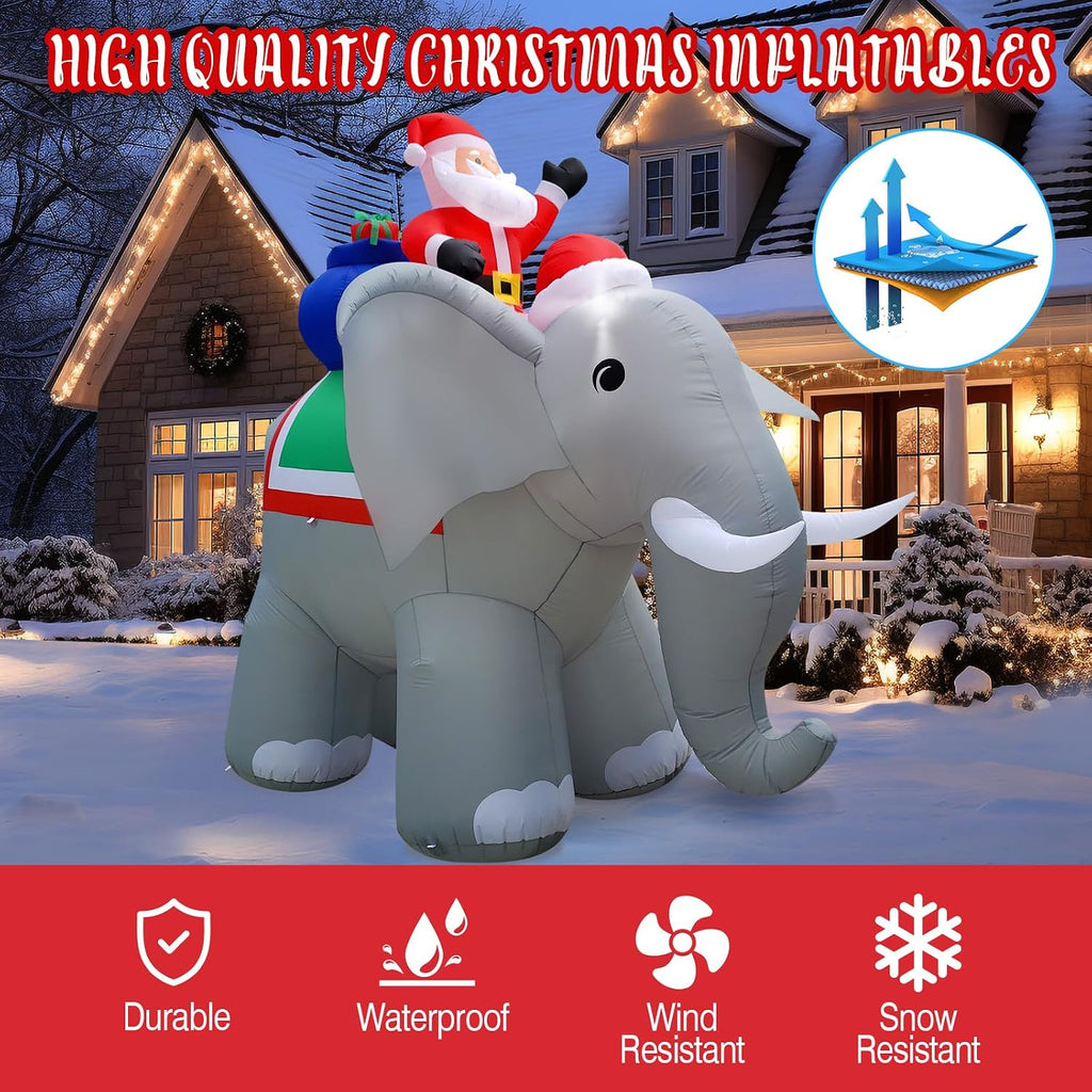 12FT Length X 10.5FT Tall Giant Christmas Inflatables Elephant, Christmas Blow Up Santa on Elephant Inflatable