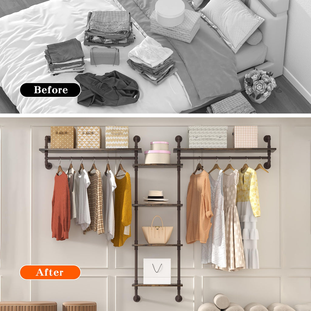 5-Tiers 74inch Large Rustic Industrial Pipe Floating Shelving, Wall Mounted Heavy Duty Clothes Rack with Double