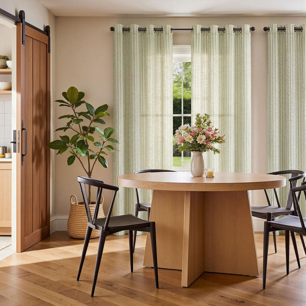 Linen Curtains for Living Room Sage Green on Beige Striped Curtains for Bedroom Ticking Stripe Pattern Light
