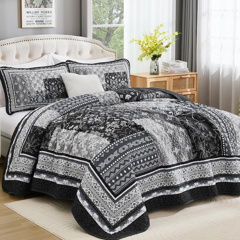 Boho Quilt Queen Set, 3 Pcs Black Patchwork Bedspread Set