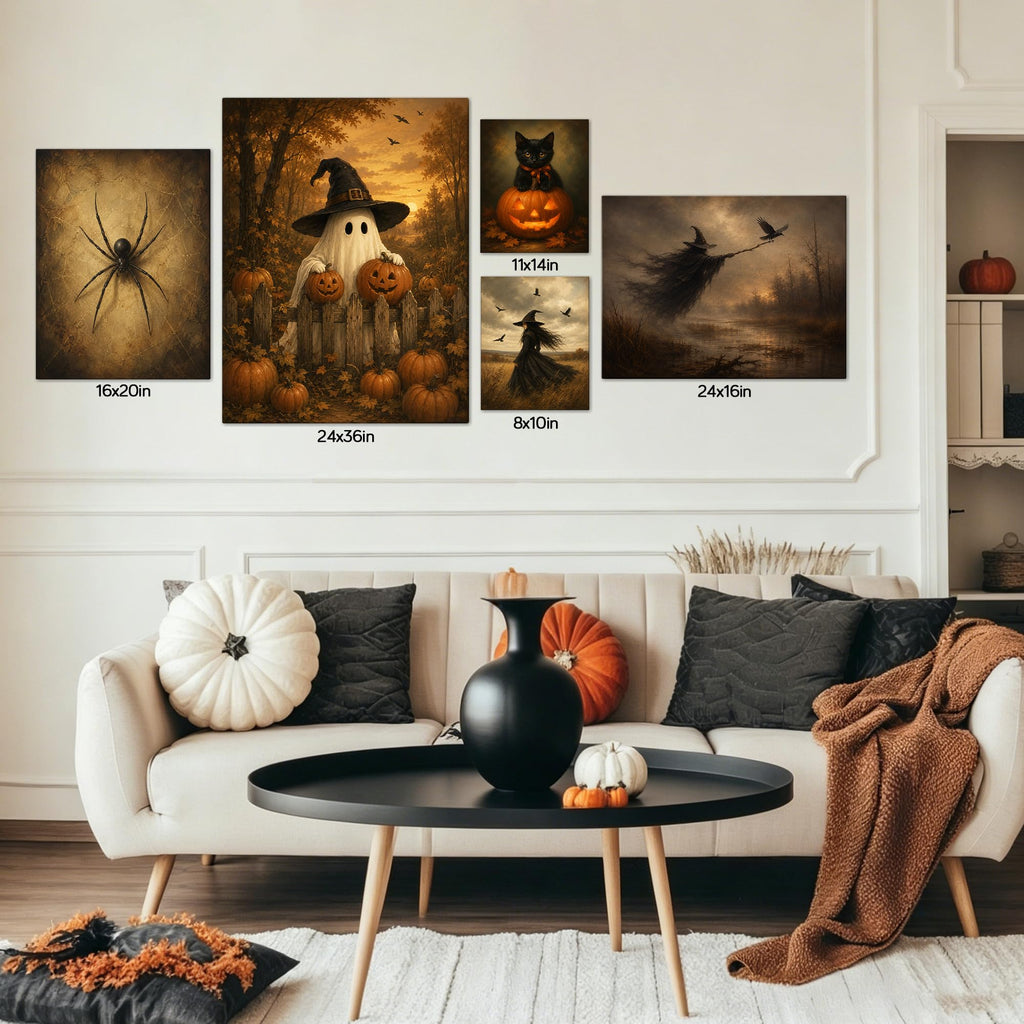 Halloween Canvas Wall Art, Retro Witch with Flying Crows Canvas Prints