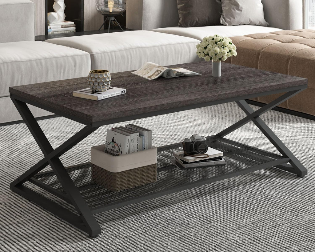 Wood Coffee Table, Center Table with Storage, Dark Gray Oak, 47 Inch
