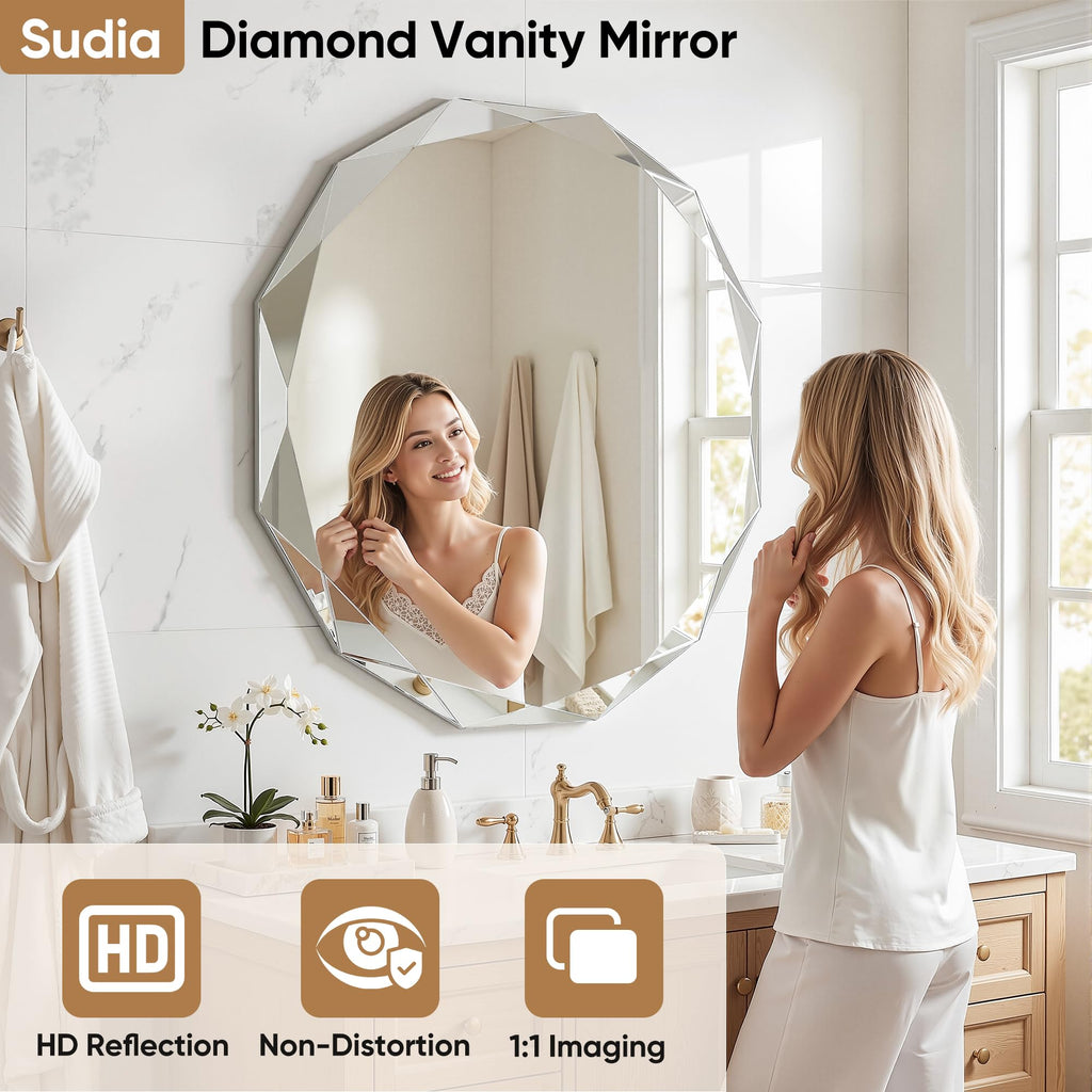 Bathroom Mirror, 20"x 20" Wall Mirror, Frameless Bathroom Mirror with Beveled Edge, Round Shape