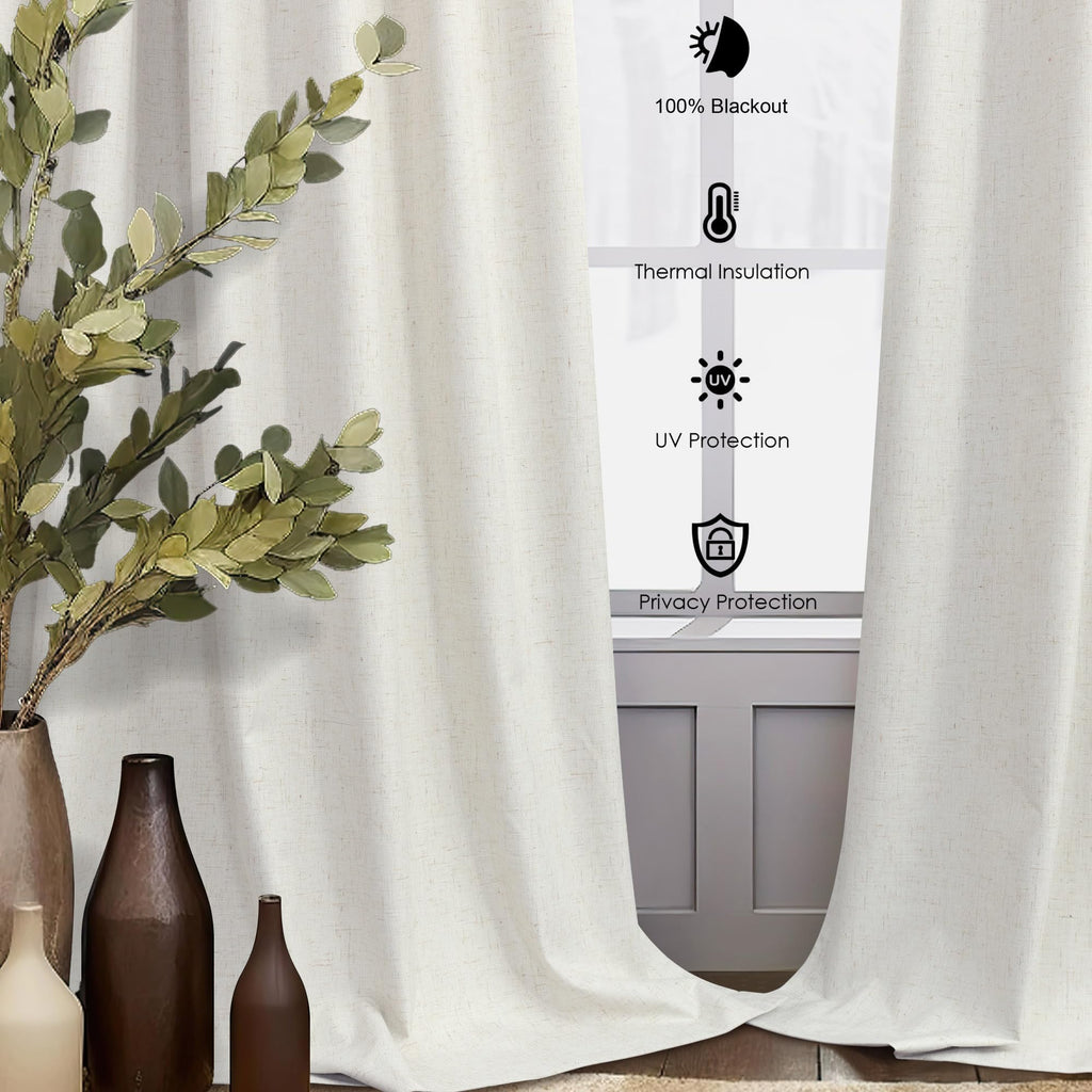 100% Blackout Linen Curtains 60 Inch Length 2 Panel Set 5FT 5 FT Long Farmhouse Boho Black Out Curtain Cream Ivory