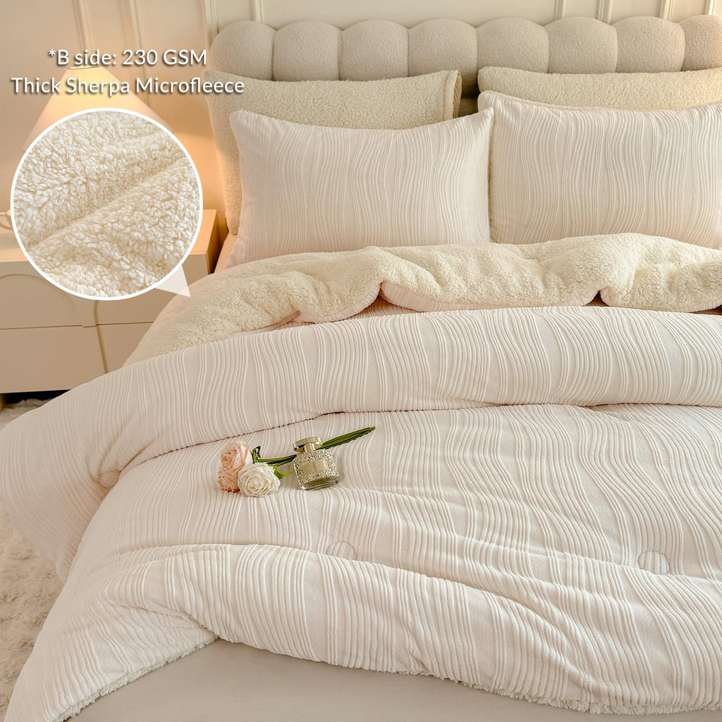 3D Striped Jacquard Sherpa Comforter Set, Geometric Pattern Boho Quilt Bedding 3 Pieces Warm Cozy Fuzzy