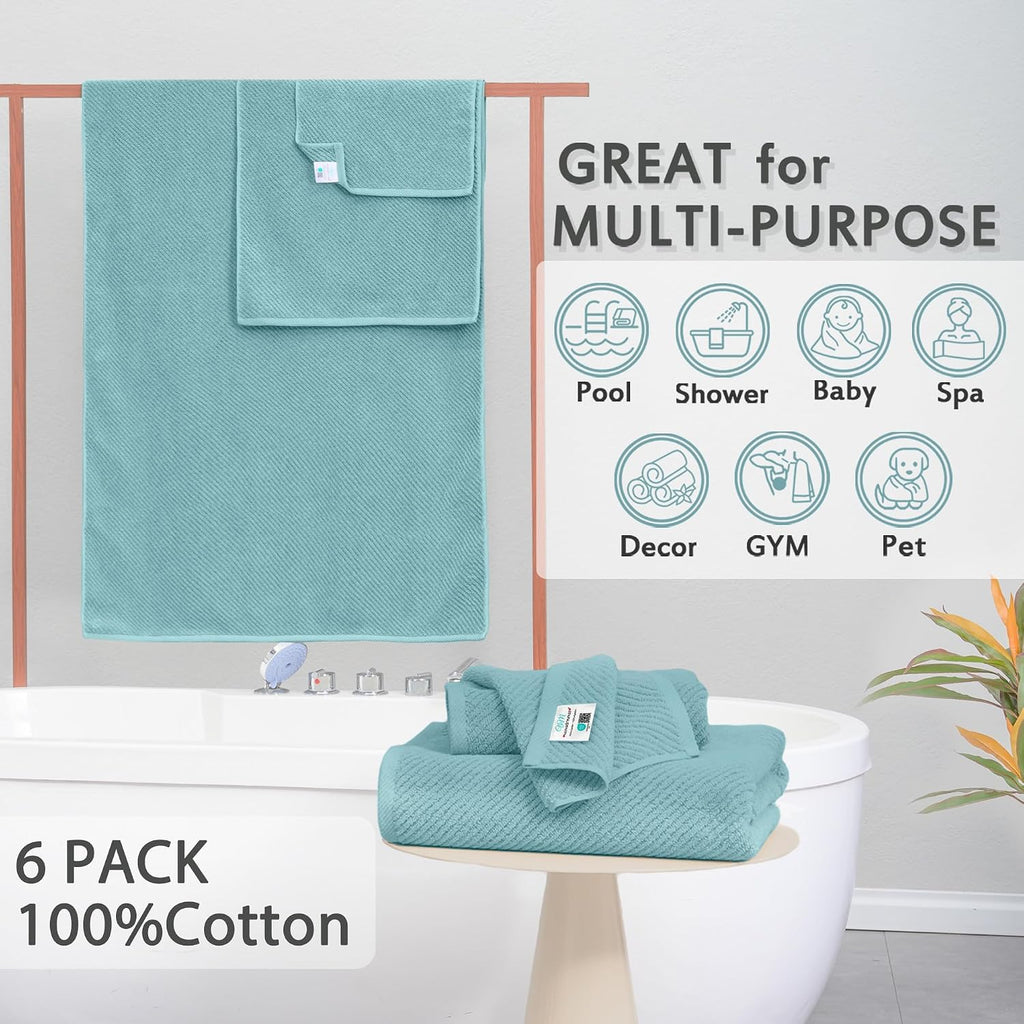 6PC Towel Set, 100% Cotton, Aqua Teal | 2 Bath 30x56 In, 2 Hand 18x28 In, 2 Washcloths 13x13 In, Thick, Soft, Quick