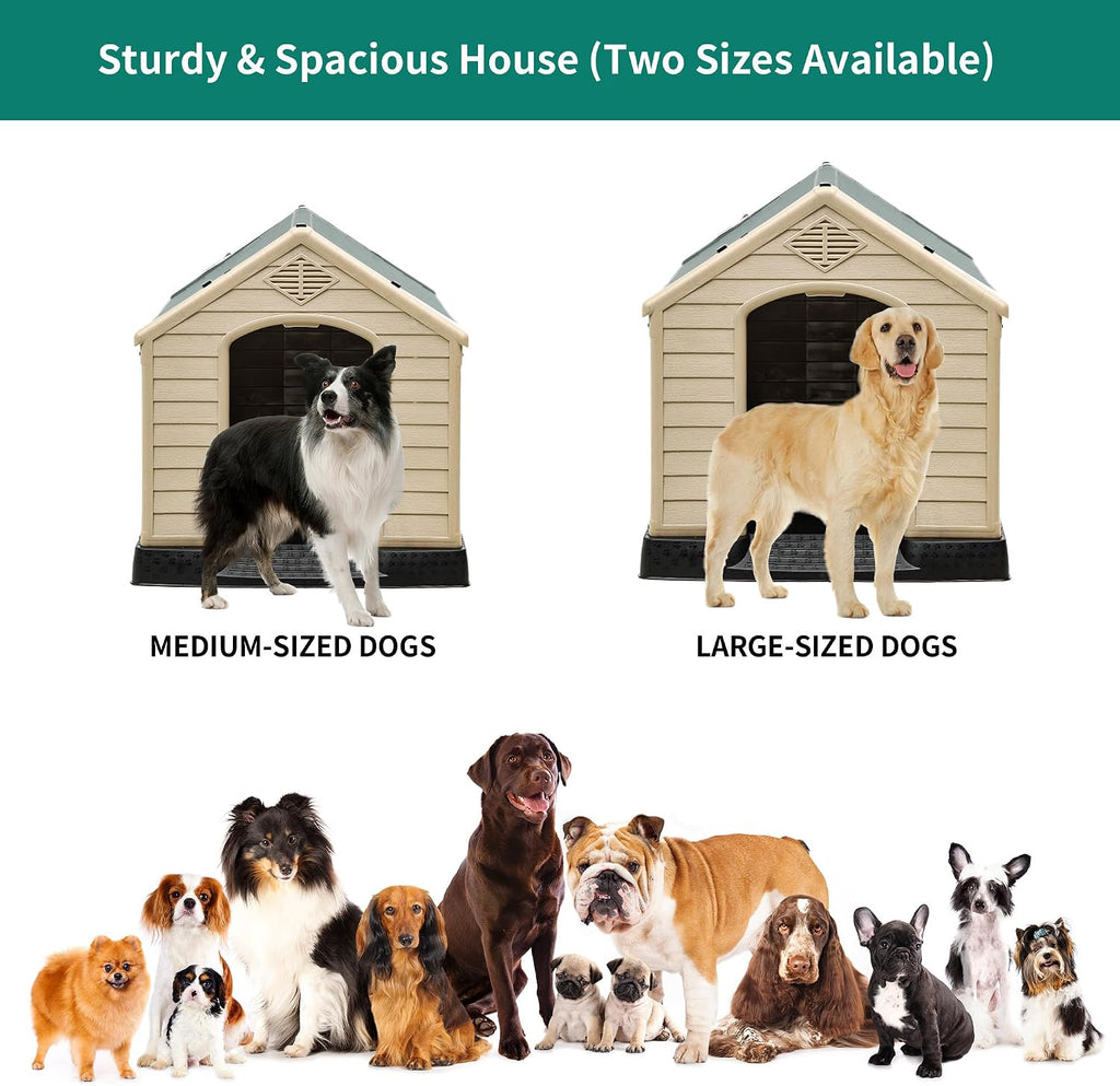Plastic Dog House, Waterproof Indoor Outdoor Doghouse for Large or Small Dog, with Air Vents and Elevated Floor, Easy