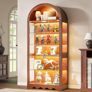 6-Tier Arched Glass Display Cabinet with RGB Lights & Lock | Curio Display Case, Glass Doors, Adjustable Large