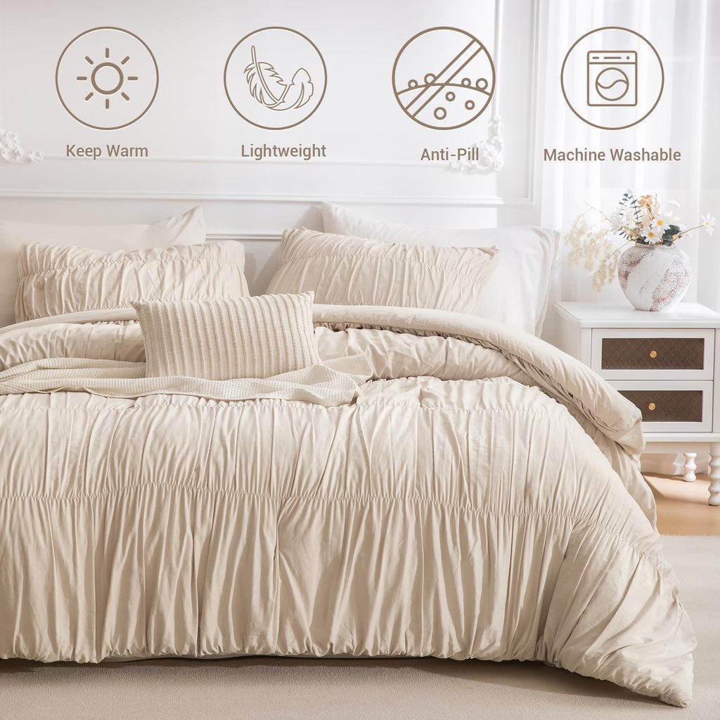 Oversized King Bed Comforter Set- Wheat Ruched Boho 120 x 120 Comforter Set, 3 Piece Fluffy Bedroom Set with Pillow