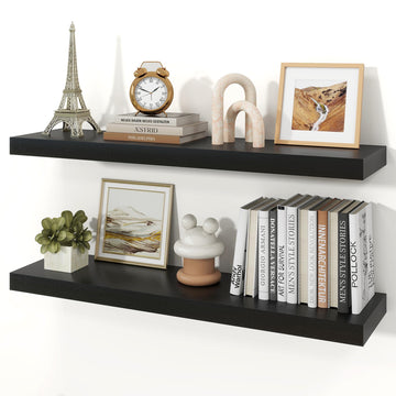 36" Black Floating Shelves Wood Wall Shelf, Black Color, Set of 2