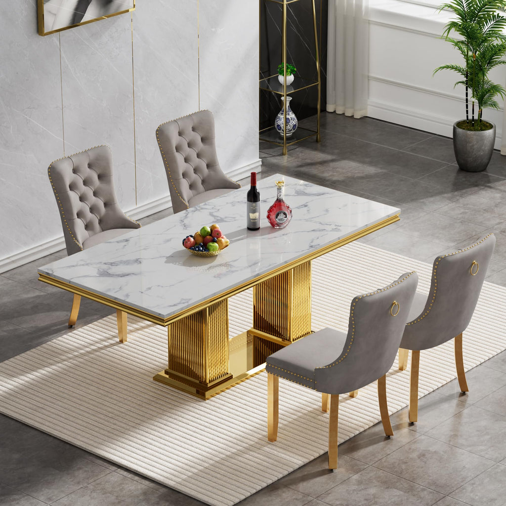 5 Piece Dining Table Set, Gold Dining Table with White Printed Marble Top&Stainless Steel Base, 68.11" Kitchen Table