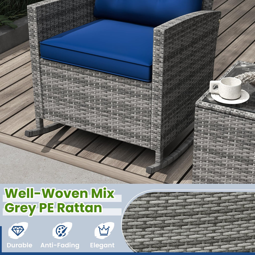 3 Piece Wicker Rocking Set, Patio Rattan Roker Chairs with Tempered Glass Table & Soft Cushions, Outdoor Furniture