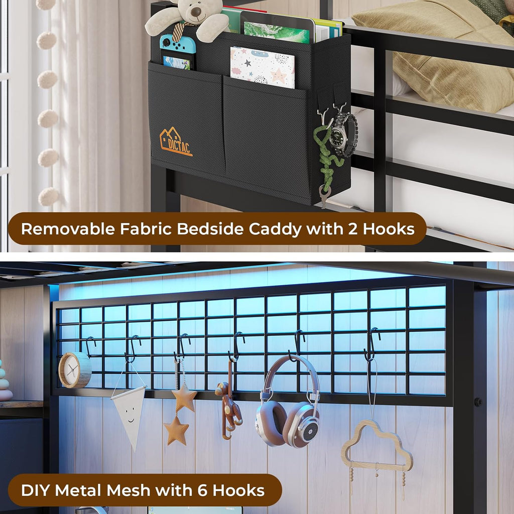 Twin Loft Bed with L-Shaped Desk and 7 Storage Drawers,Metal Twin Loft Bed for Kids with LED Lights and Charging