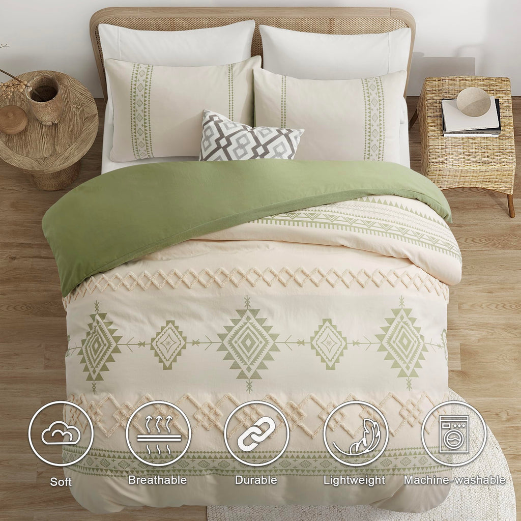 Boho Duvet Cover King Size, Beige & Sage Green, 3 Pieces