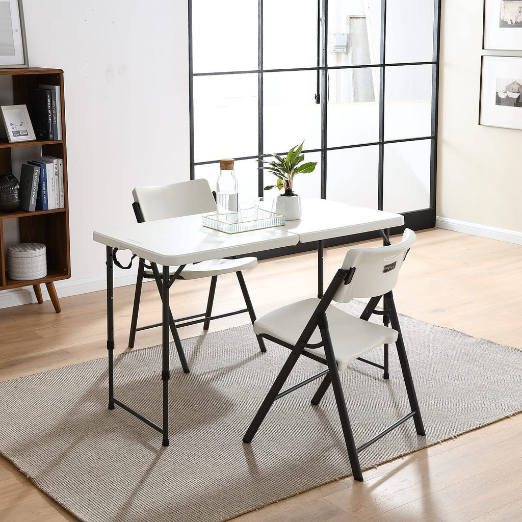 4 Foot Height Adjustable Fold-in-Half Table with Carrying Handle, Easy Folding and Storage, Indoor Outdoor Use
